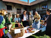 Seven people are standing around a table in the courtyard of a half-timbered building. There are baskets of fruit on the table. They are chatting and enjoying the sunny weather.